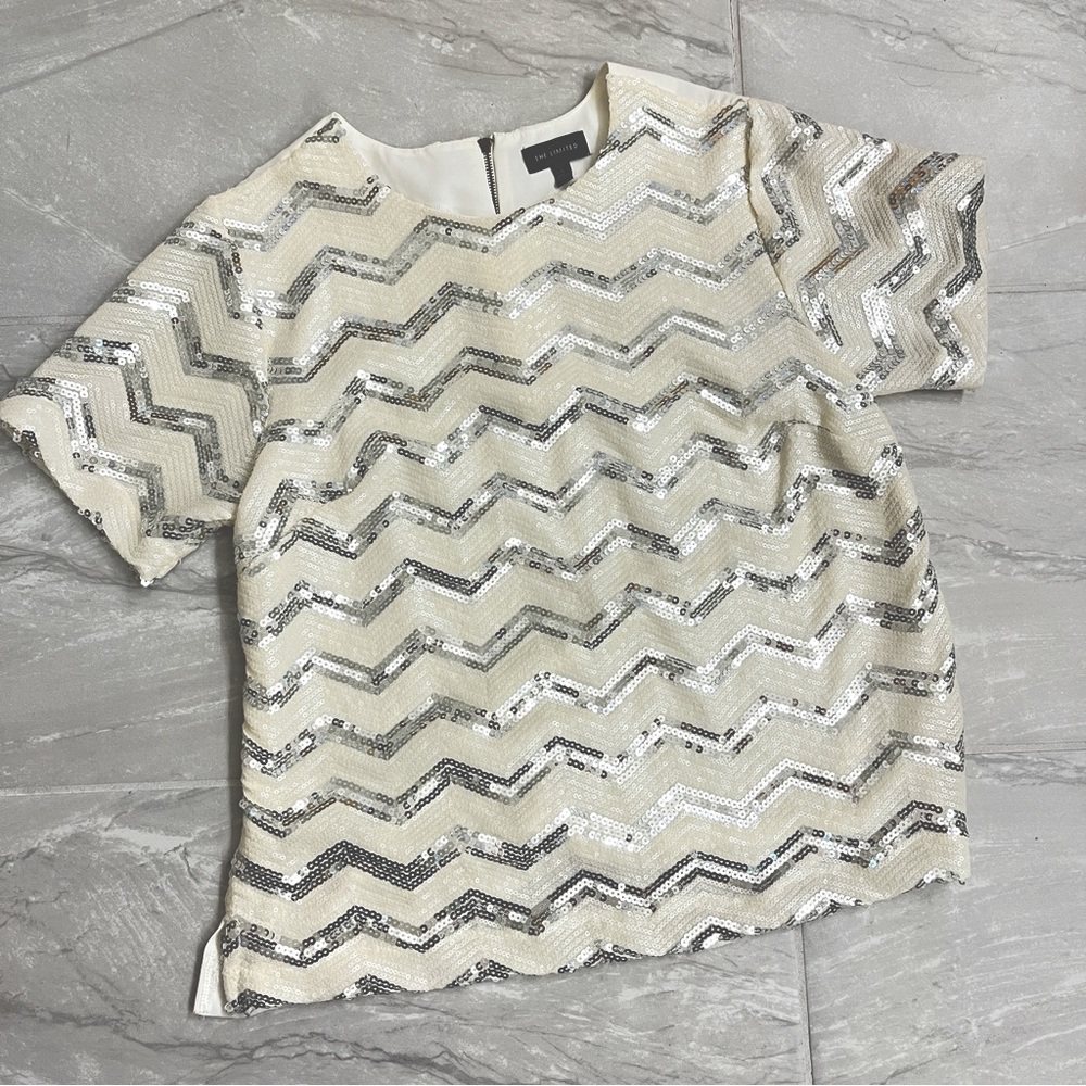 2/$20 The Limited White Silver Sequin Festive Top